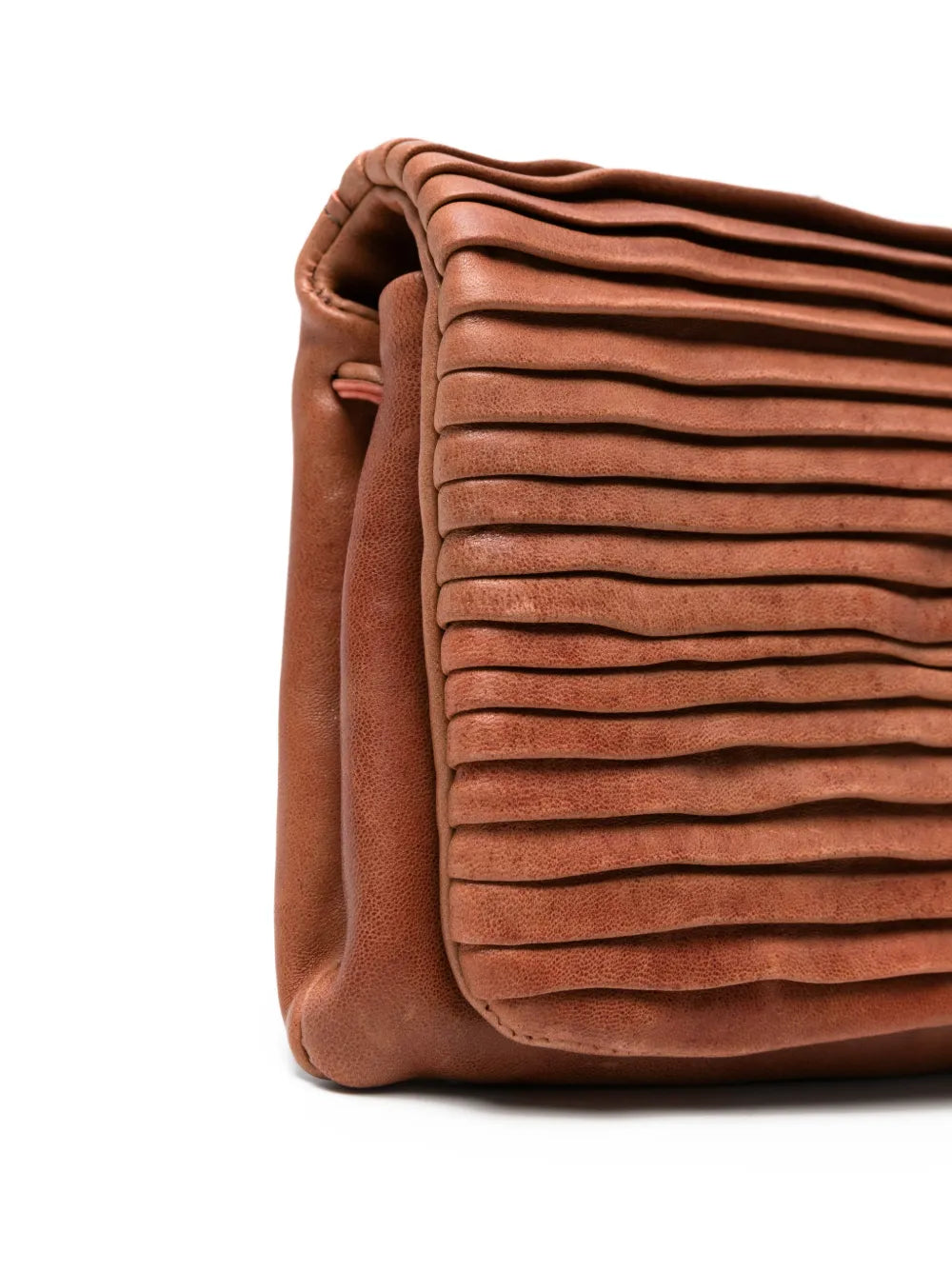 Sommet Soffieta Row cognac pleated leather crossbody bag with adjustable strap, handmade in Italy.