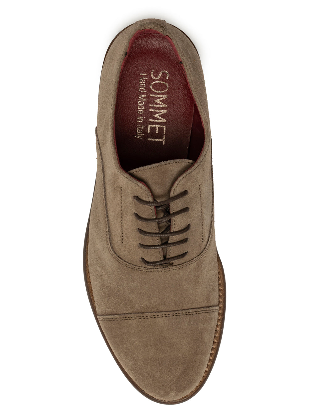 Taupe suede oxford cap toe  — cap toe detail — SOMMET handmade in Italy