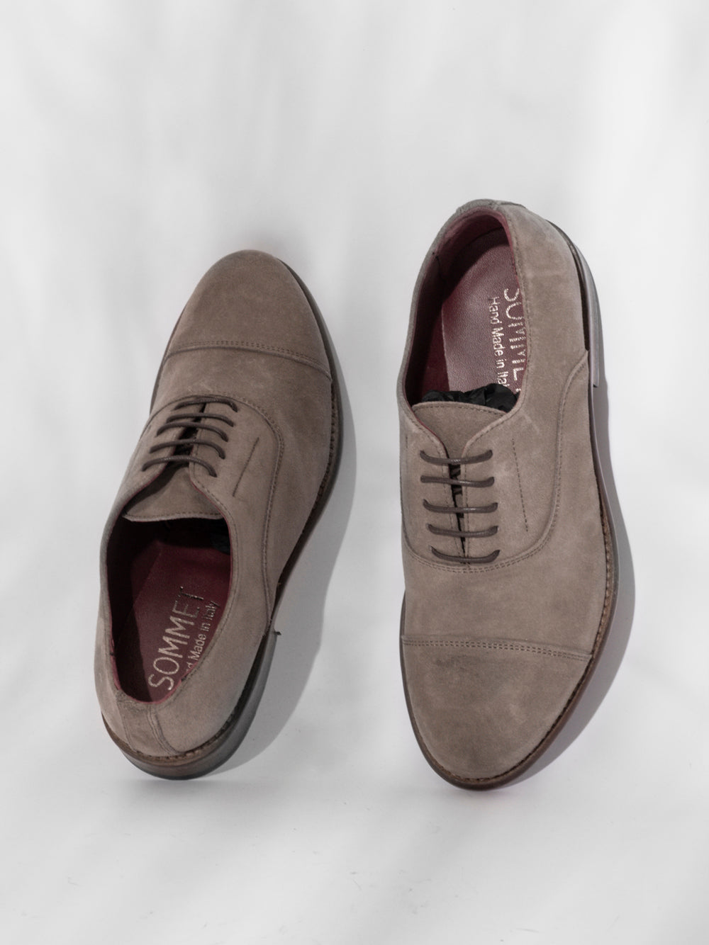 Taupe suede oxford cap toe  — cap toe detail — SOMMET handmade in Italy