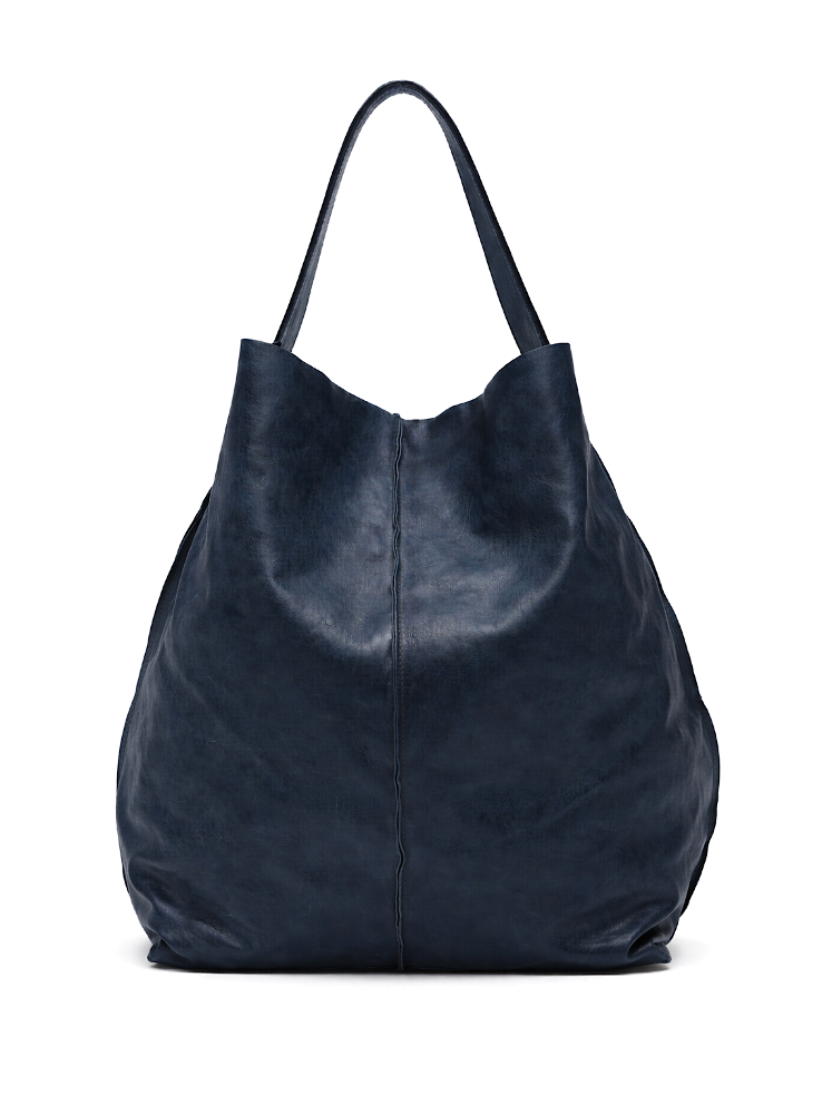 Sommet Sahara hobo bag in ocean blue vegetable-tanned leather, handmade in Italy with removable interior pouch.