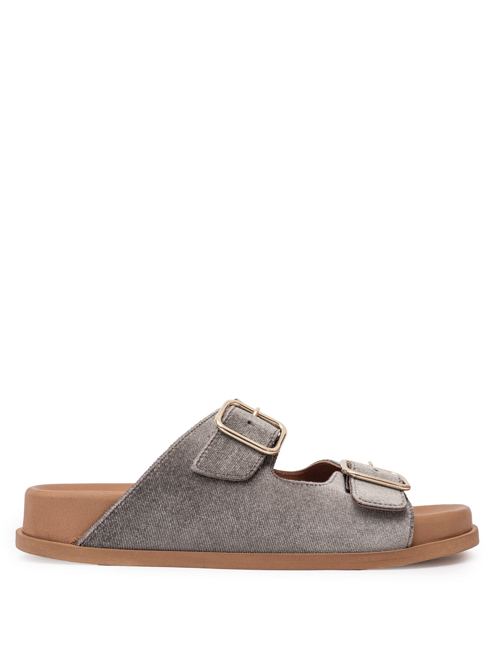 Taupe velvet double buckle flat sandal with gold hardware — handmade in Italy | SOMMET
