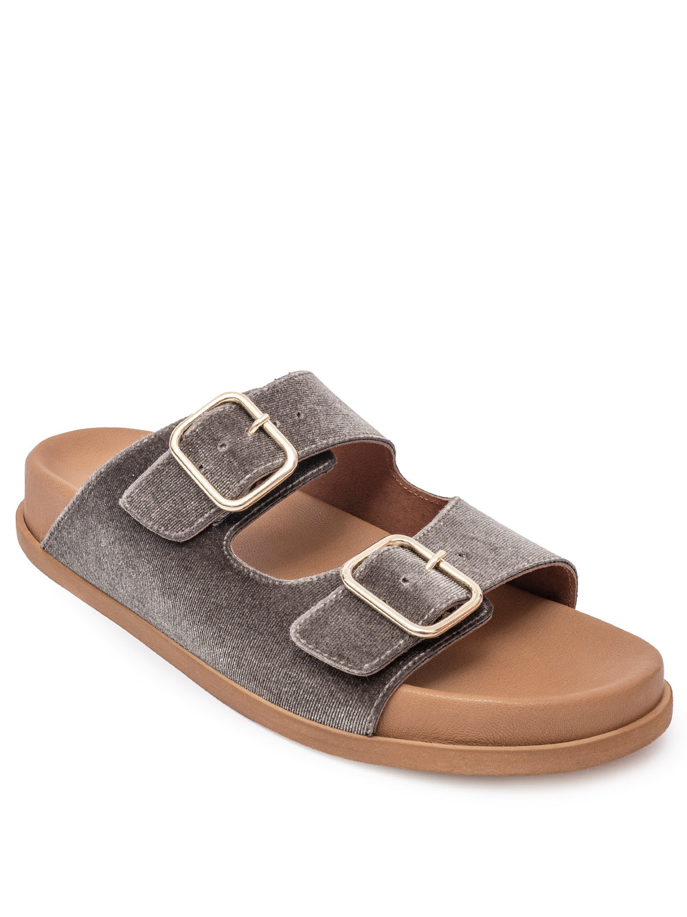 Taupe velvet double buckle flat sandal with gold hardware — handmade in Italy | SOMMET
