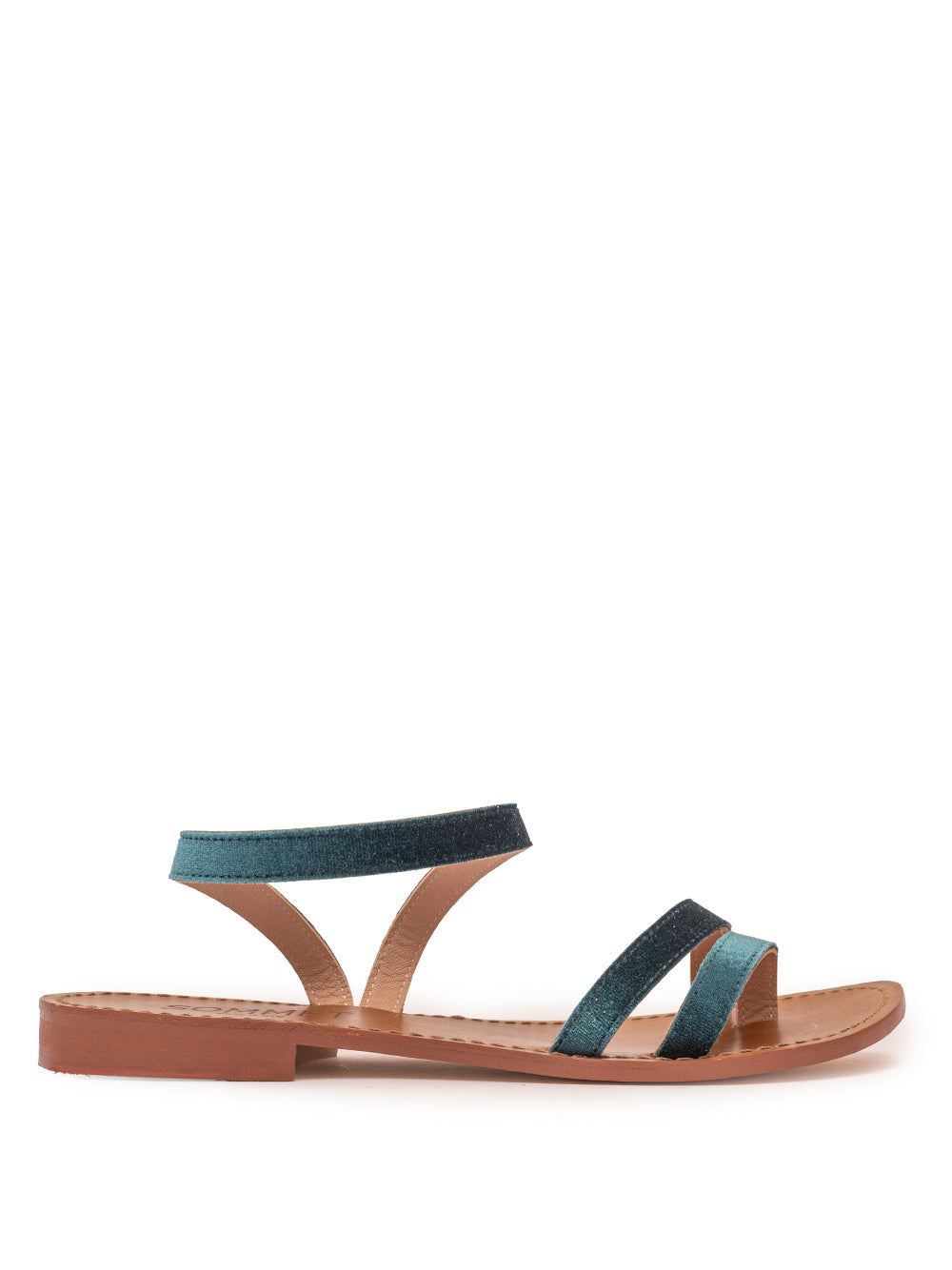 Teal velvet strappy flat sandal with ankle strap — handmade in Italy | SOMMET


