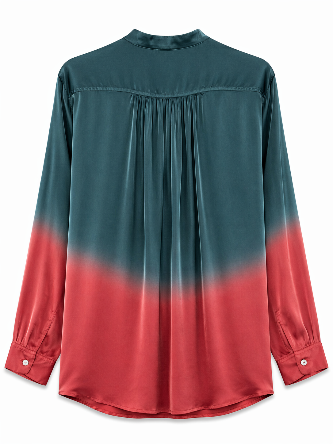 Yavi artisan tie-dye cupro shirt, petrol and coral gradient — back
