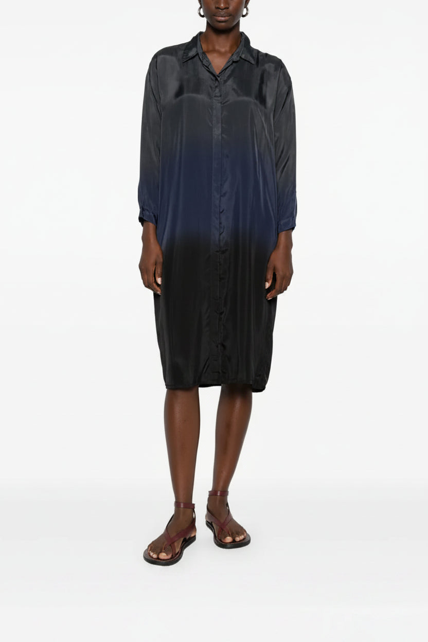 YAVÏ tie-dye midi shirt dress navy black women — artisanal gradient 100% viscose
