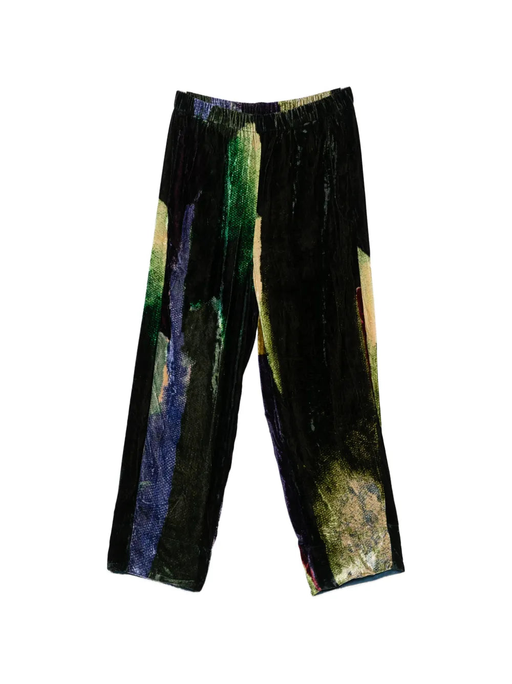 Silk velvet trousers abstract print black green and indigo — YAVÏ
