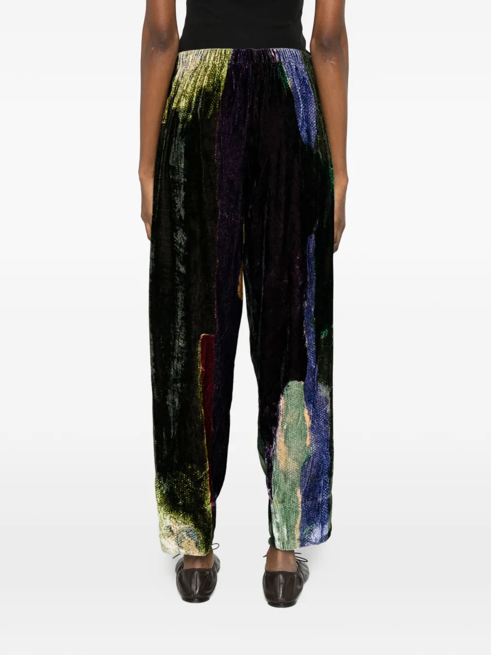 Silk velvet trousers abstract print black green and indigo — YAVÏ
