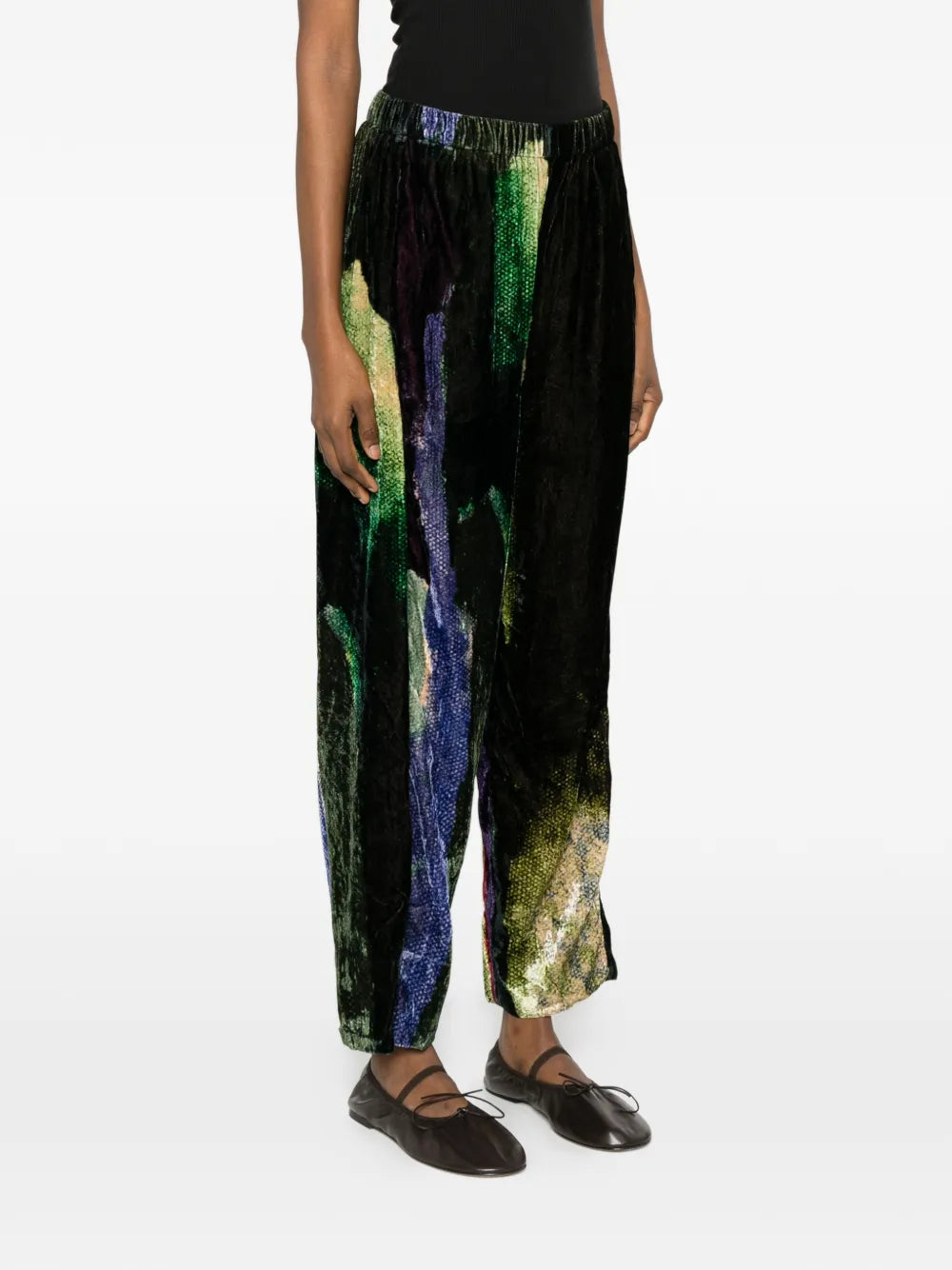Silk velvet trousers abstract print black green and indigo — YAVÏ
