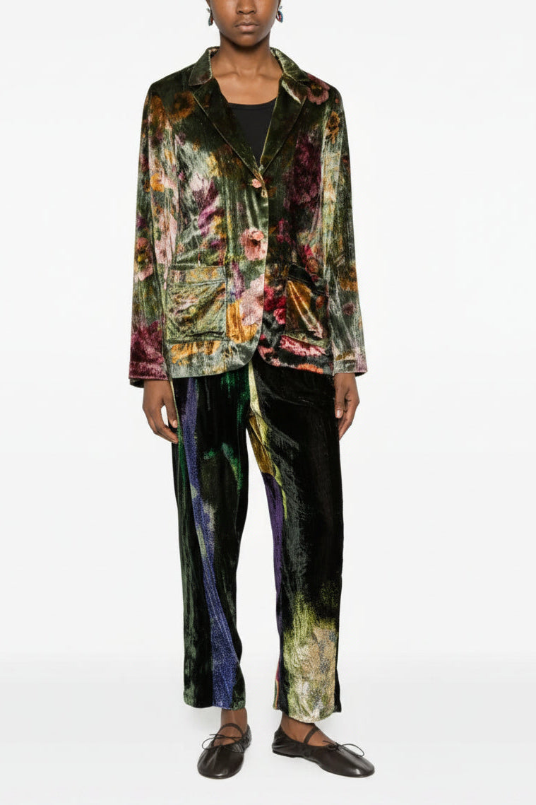Silk velvet trousers abstract print black green and indigo — YAVÏ
