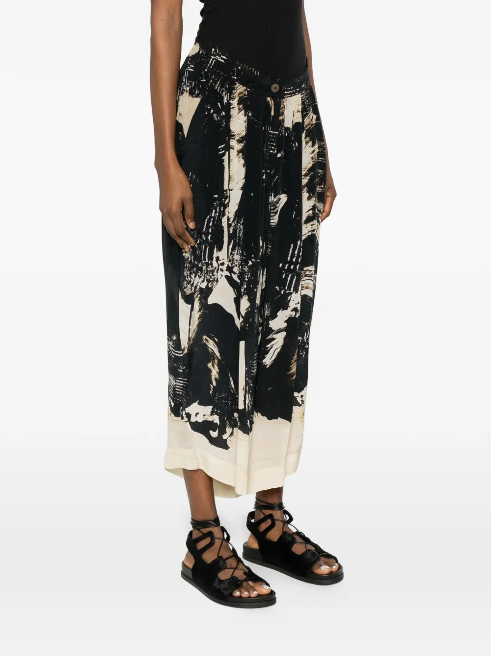 Wide leg trousers brushstroke abstract print black and ecru — YAVÏ
