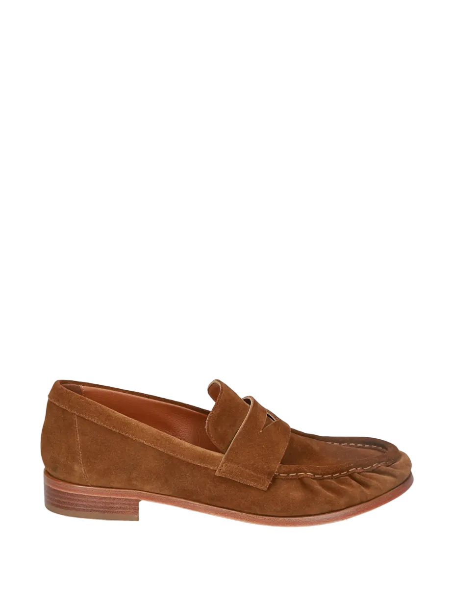 women suede penny loafer in cognac leather with classic silhouette and low heel handmade in Italy