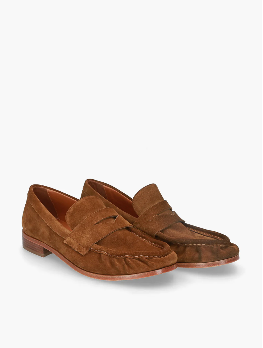 women suede penny loafer in cognac leather with classic silhouette and low heel handmade in Italy