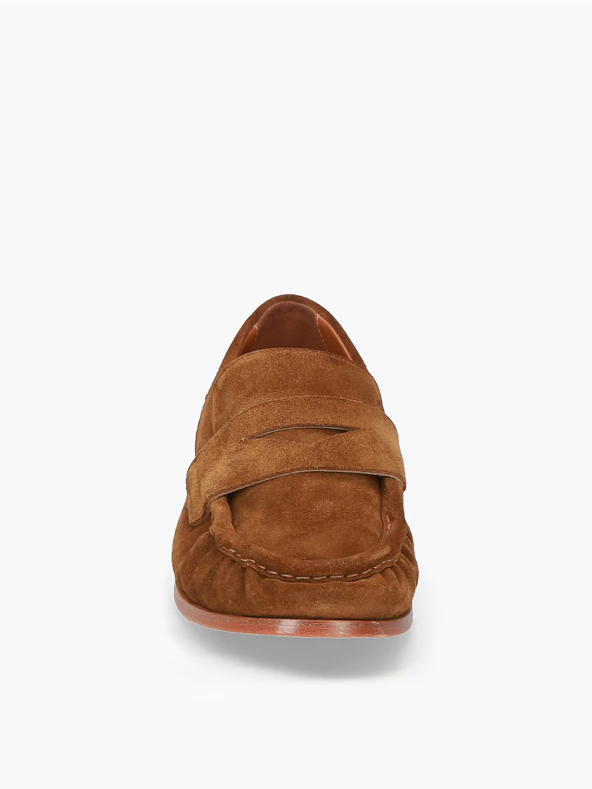 women suede penny loafer in cognac leather with classic silhouette and low heel handmade in Italy