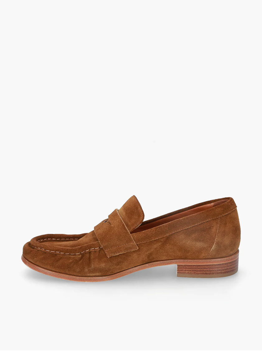 women suede penny loafer in cognac leather with classic silhouette and low heel handmade in Italy