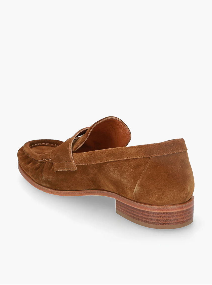 women suede penny loafer in cognac leather with classic silhouette and low heel handmade in Italy