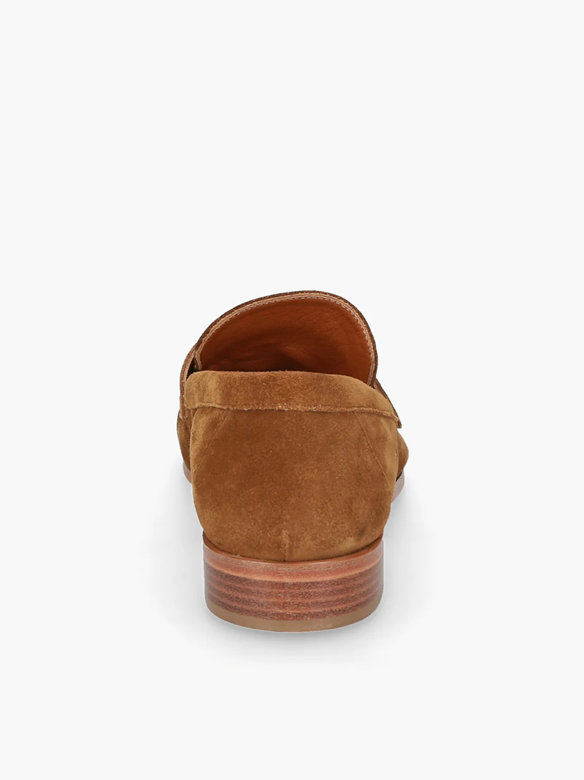 women suede penny loafer in cognac leather with classic silhouette and low heel handmade in Italy
