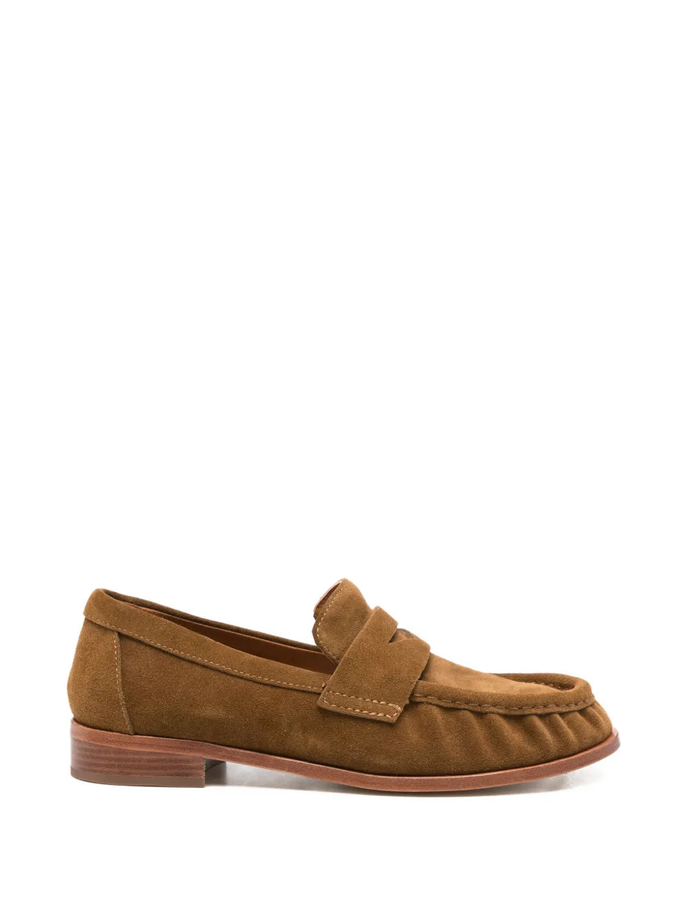 women suede penny loafer in cognac leather with classic silhouette and low heel handmade in Italy