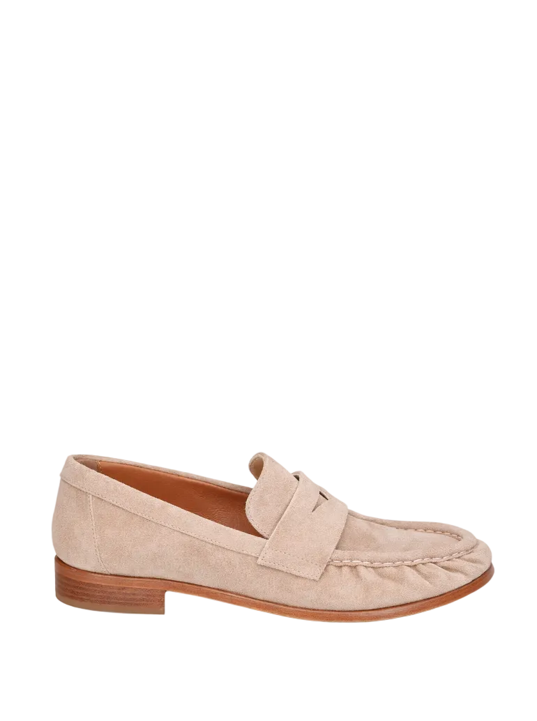 women oatmeal suede penny loafer with classic italian construction and low heel elegant everyday shoe