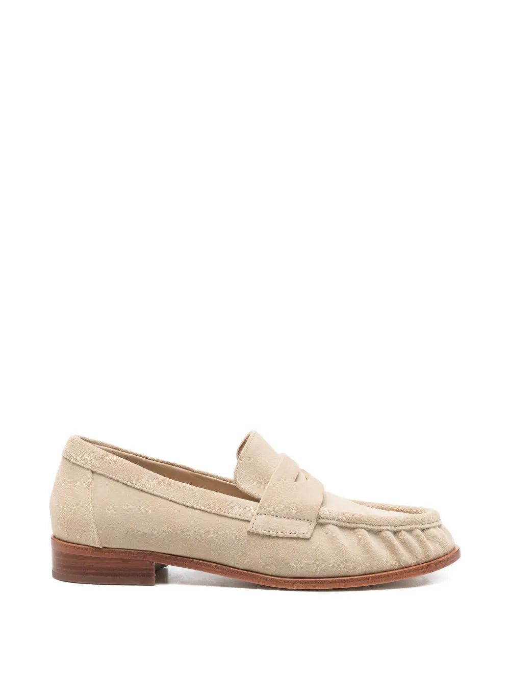 women oatmeal suede penny loafer with classic italian construction and low heel elegant everyday shoe
