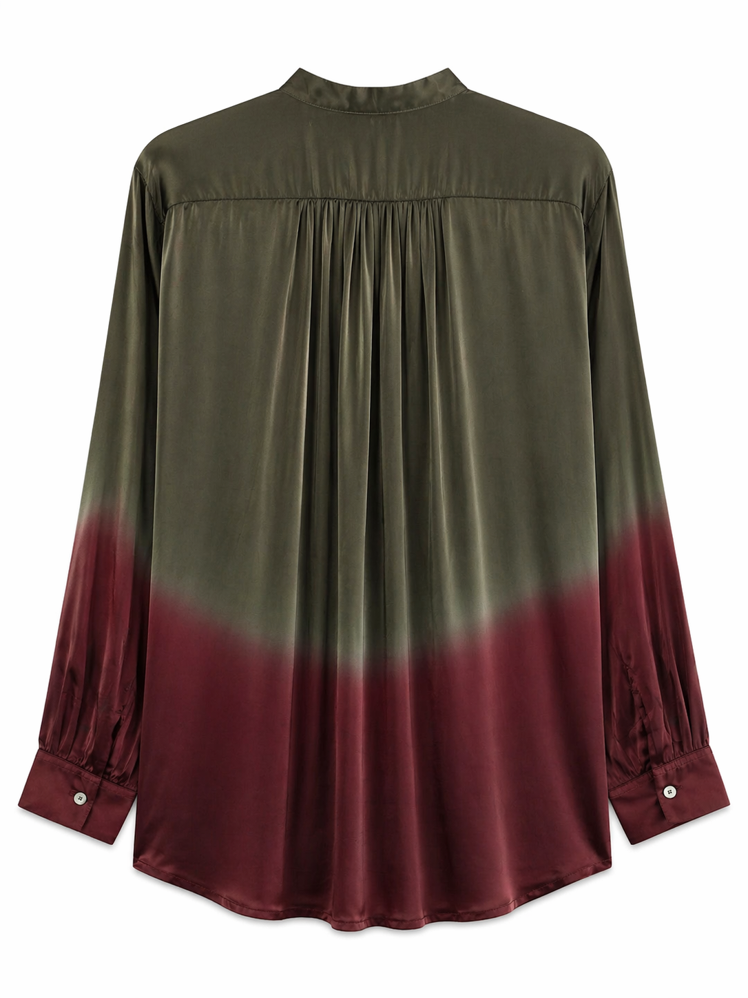 Yavi artisan tie-dye cupro shirt, olive and burgundy gradient, fluid silhouette
