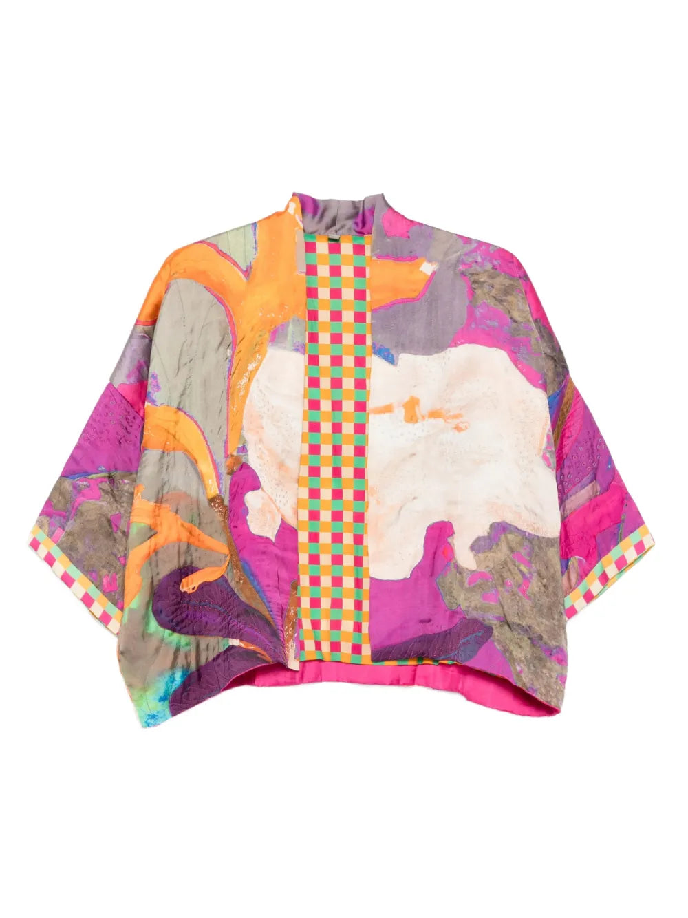 Yavï embroidered silk kimono with artistic multicolor print and fluid silhouette