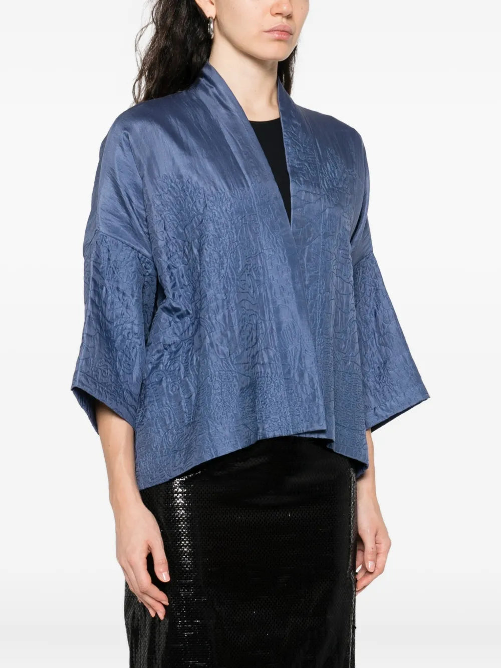 Yavï embroidered silk kimono in steel blue with fluid silhouette