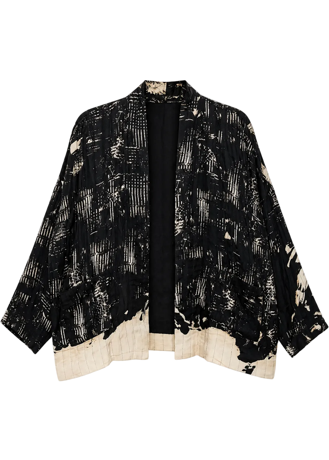 YAVÏ women's impressionist print kimono jacket black ecru — open front expressive brushstrokes 100% viscose

