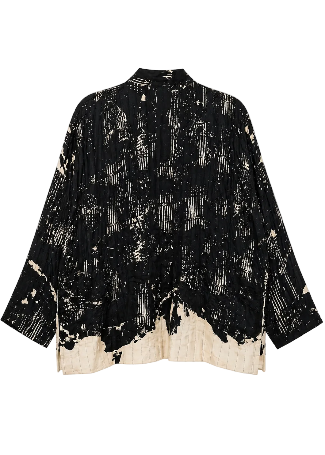 YAVÏ women's impressionist print kimono jacket black ecru — open front expressive brushstrokes 100% viscose
