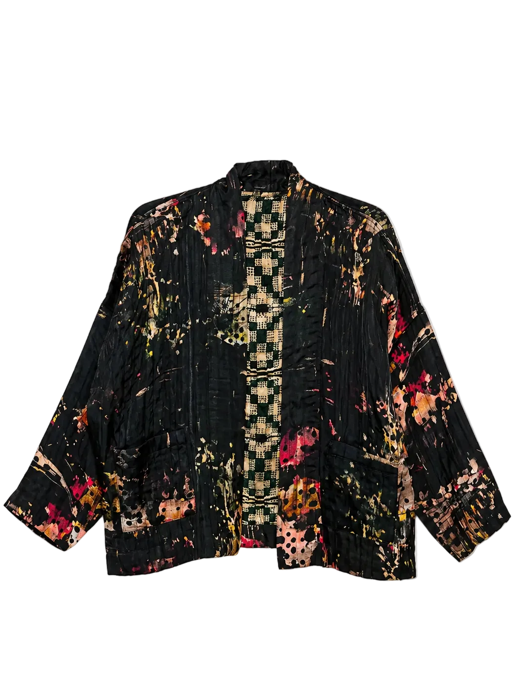 YAVÏ women's impressionist print kimono jacket black pink green — open front expressive brushstrokes 100% viscose
