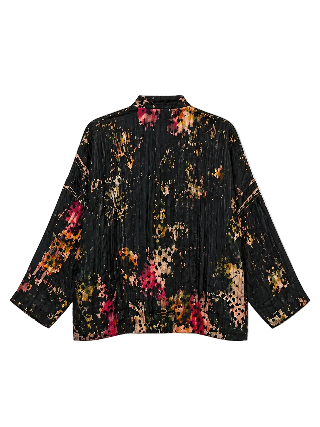 YAVÏ women's impressionist print kimono jacket black pink green — open front expressive brushstrokes 100% viscose
