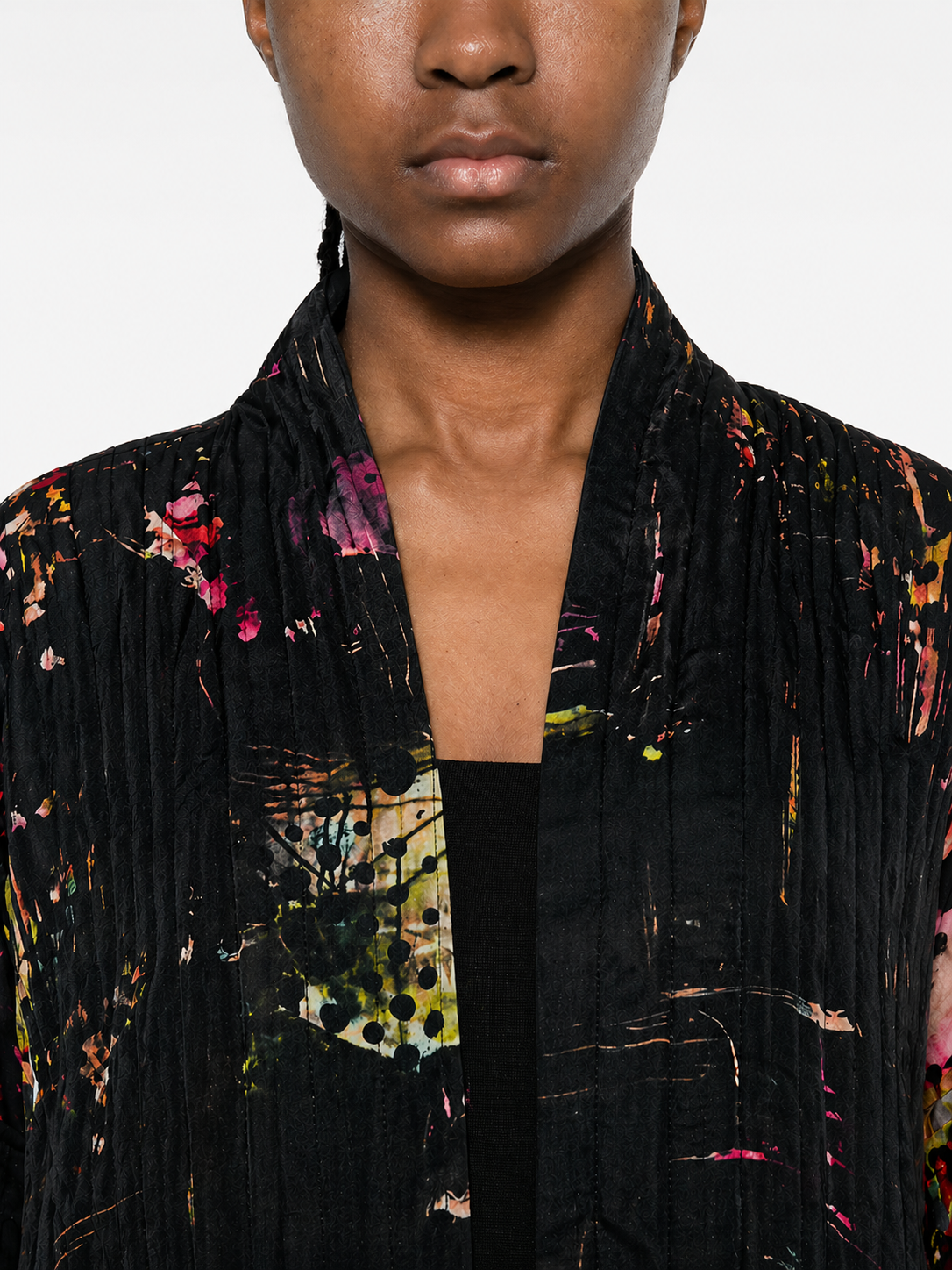 YAVÏ women's impressionist print kimono jacket black pink green — open front expressive brushstrokes 100% viscose

