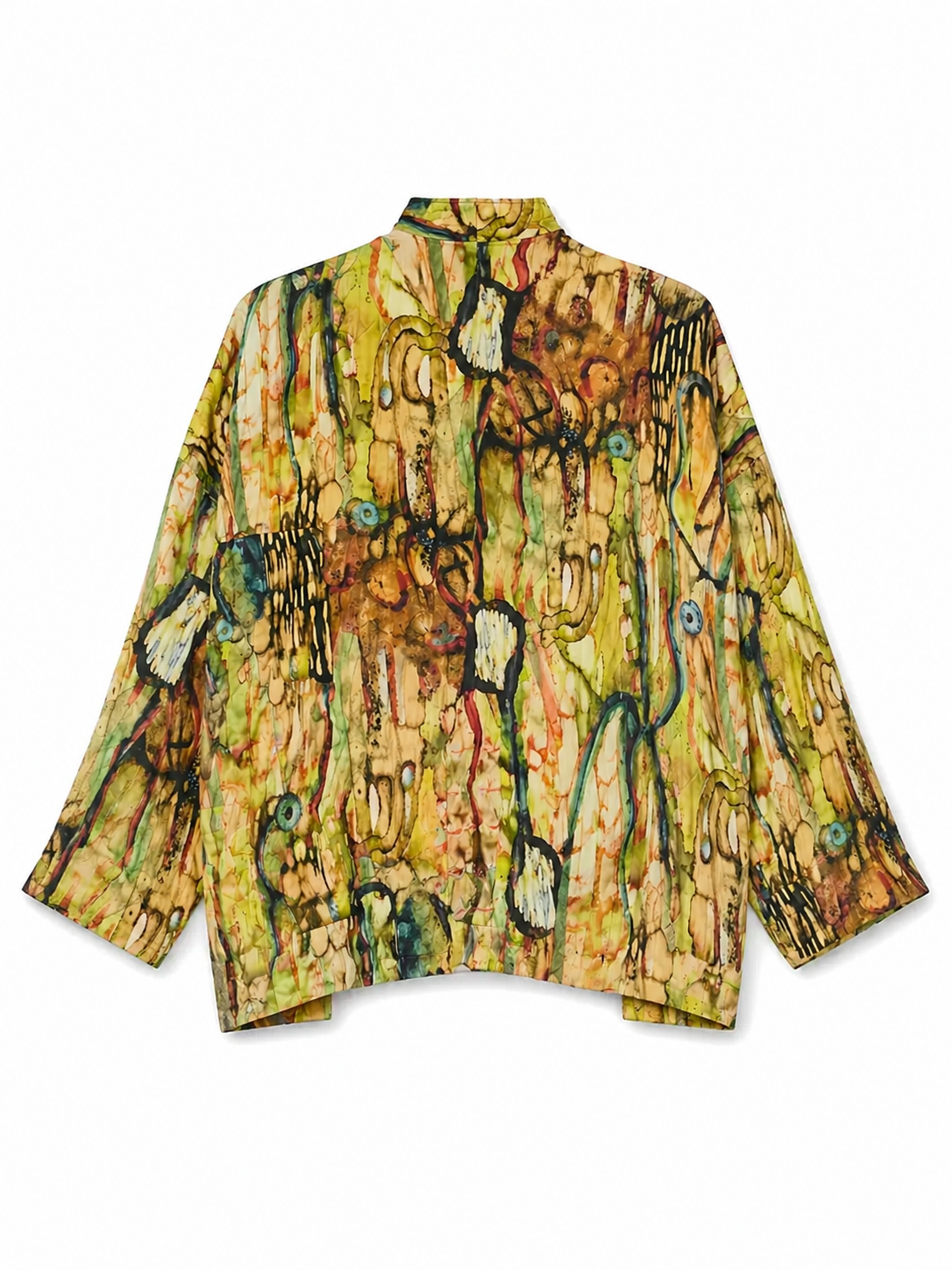 YAVÏ women's impressionist print kimono jacket ochre green — open front artistic print 100% viscose

