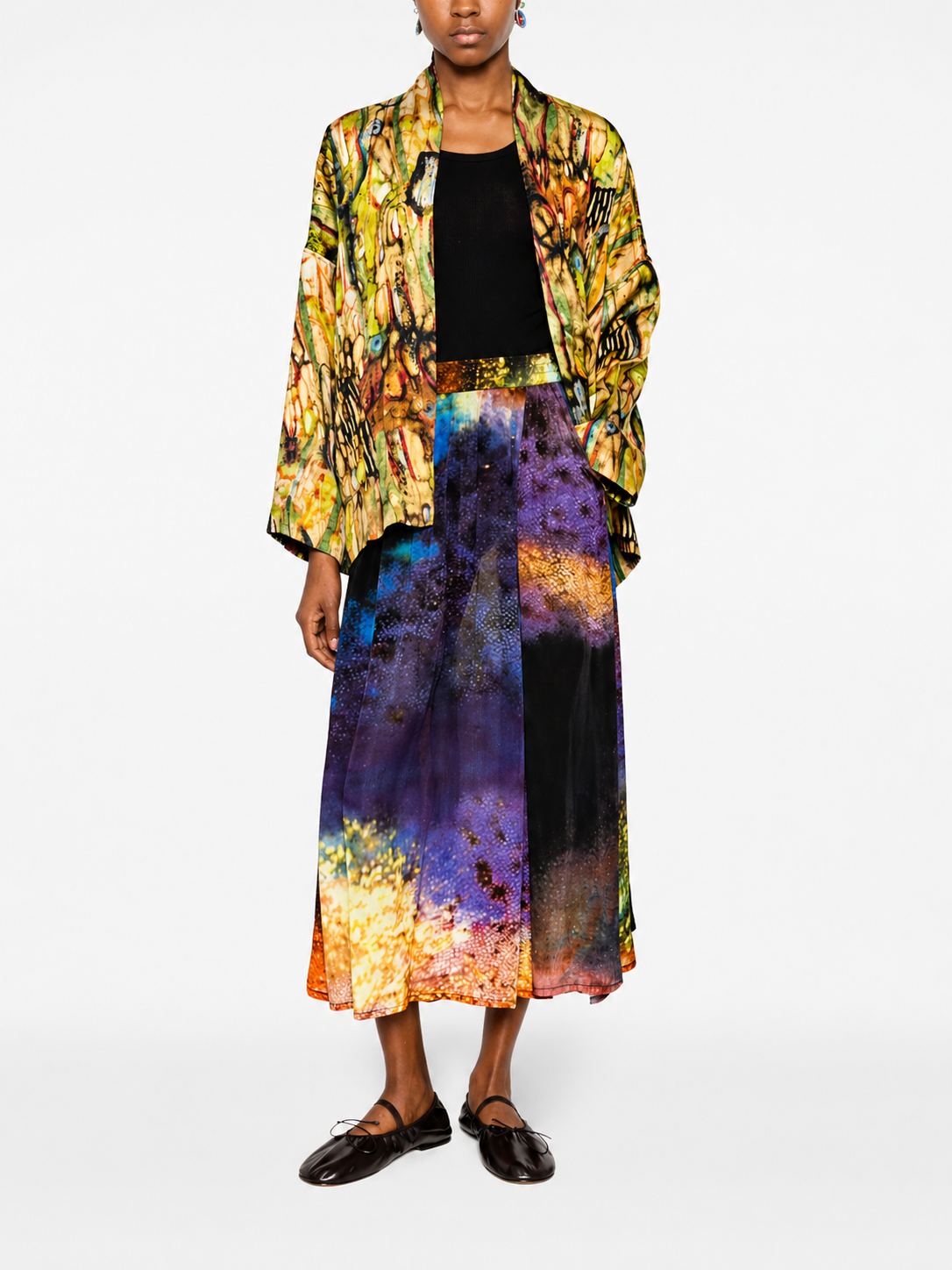 YAVÏ women's impressionist print kimono jacket ochre green — open front artistic print 100% viscose
