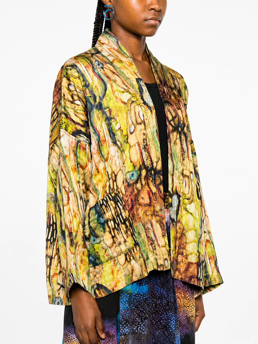 YAVÏ women's impressionist print kimono jacket ochre green — open front artistic print 100% viscose
