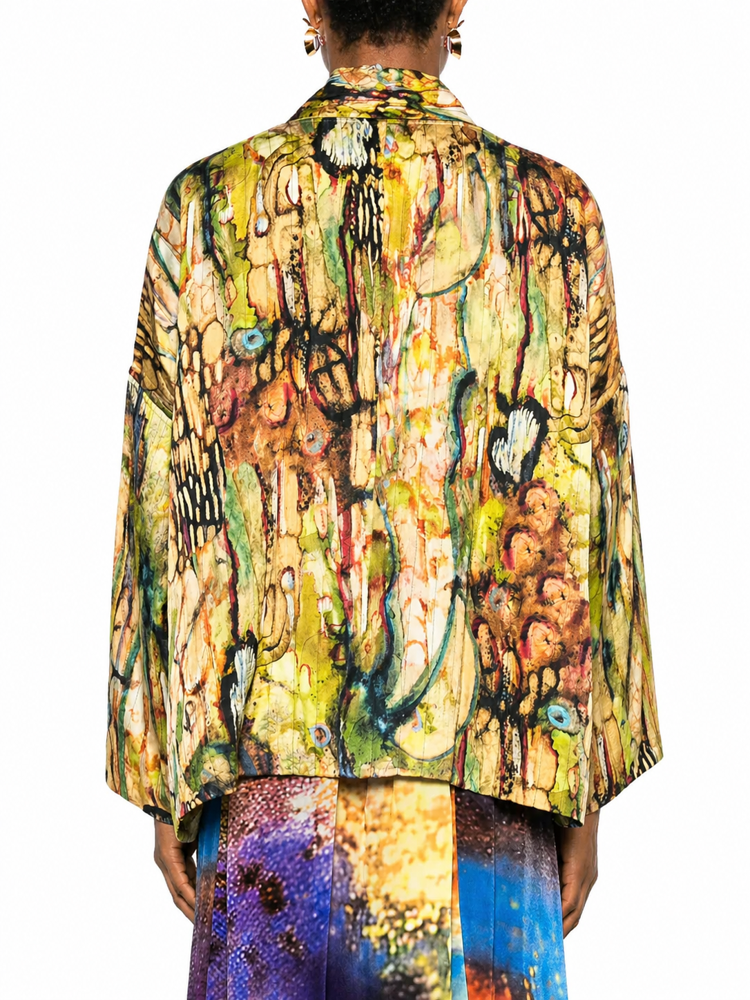 YAVÏ women's impressionist print kimono jacket ochre green — open front artistic print 100% viscose

