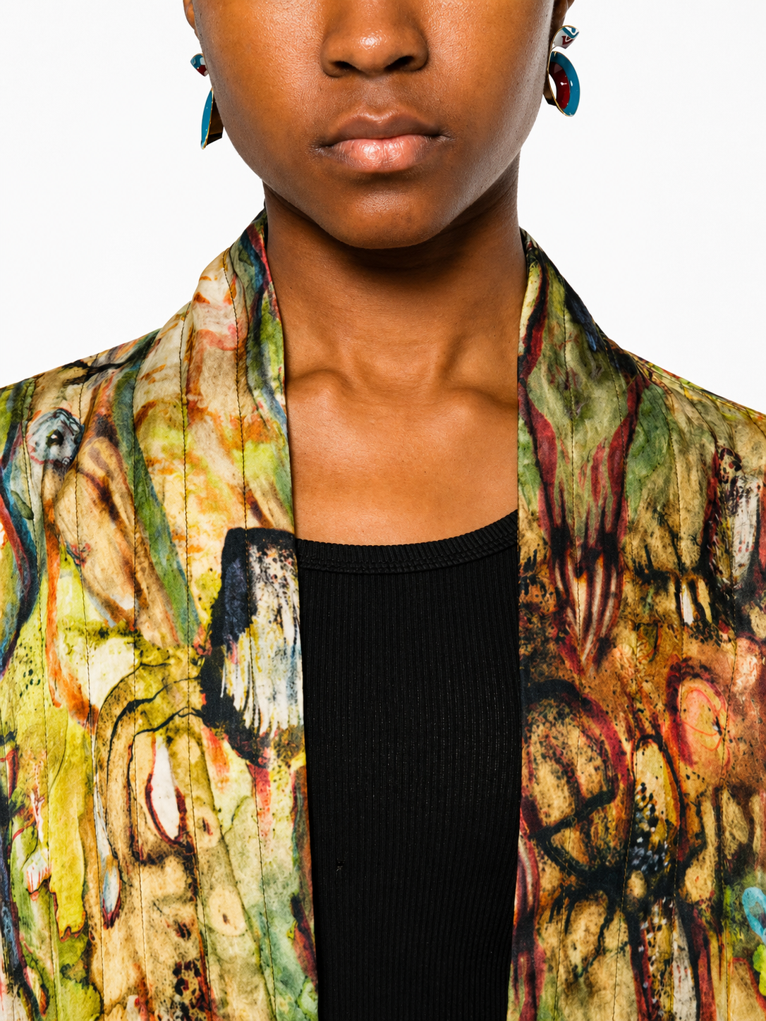 YAVÏ women's impressionist print kimono jacket ochre green — open front artistic print 100% viscose
