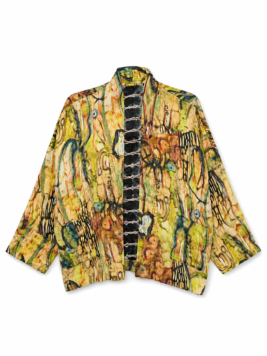 YAVÏ women's impressionist print kimono jacket ochre green — open front artistic print 100% viscose
