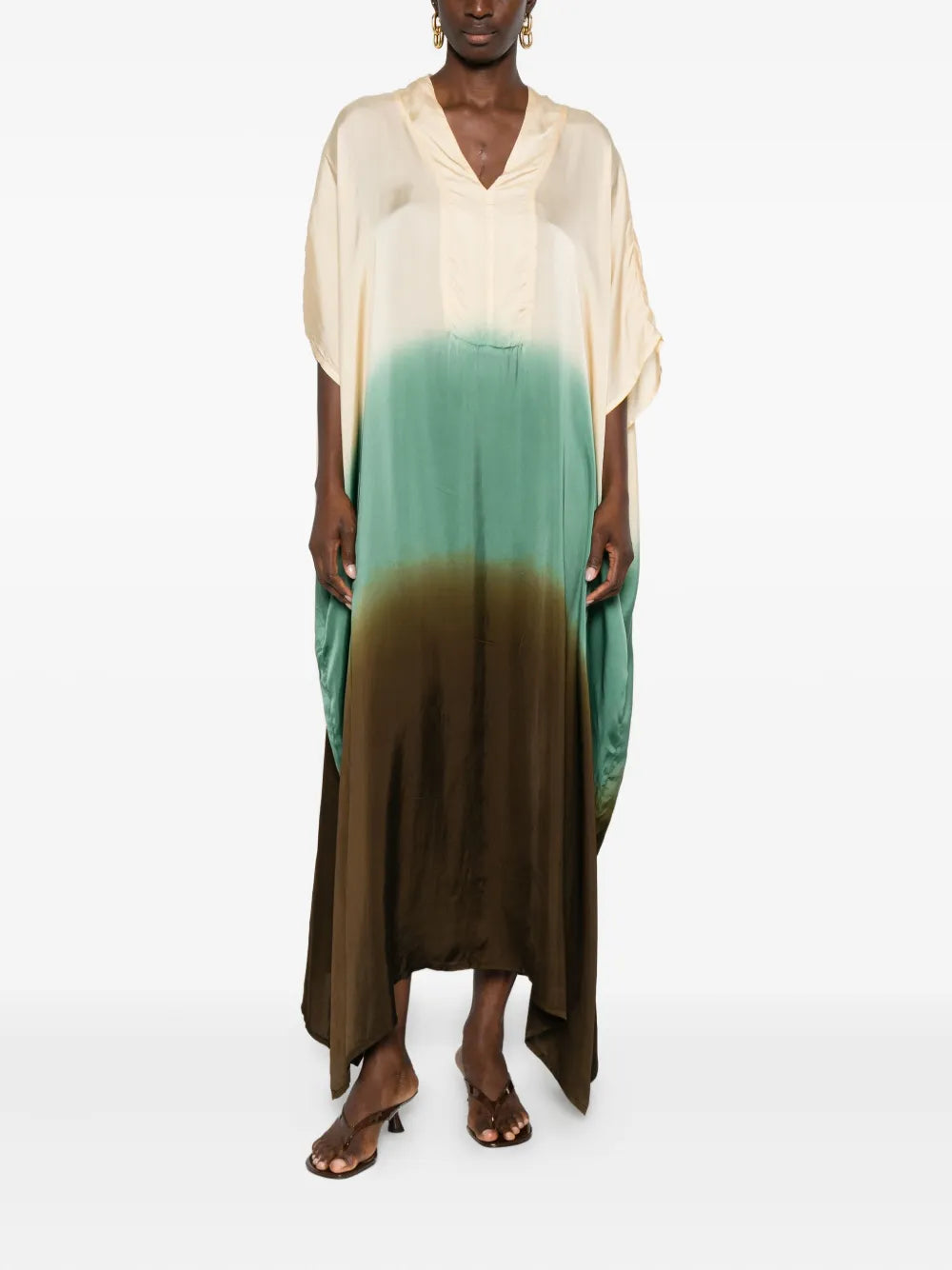 YAVÏ women's tie-dye kaftan dress cream turquoise khaki — oversized batwing 100% cupro artisanal
