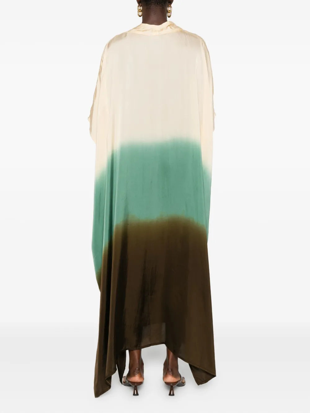 YAVÏ women's tie-dye kaftan dress cream turquoise khaki — oversized batwing 100% cupro artisanal