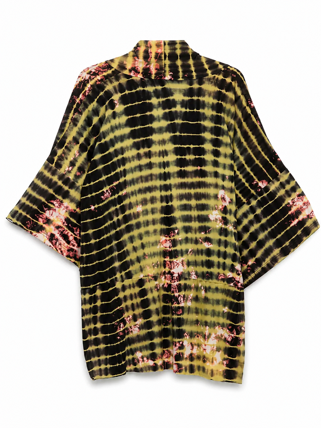 YAVÏ tie-dye shibori kimono women lime green black — back view artisanal stripes 100% cotton
