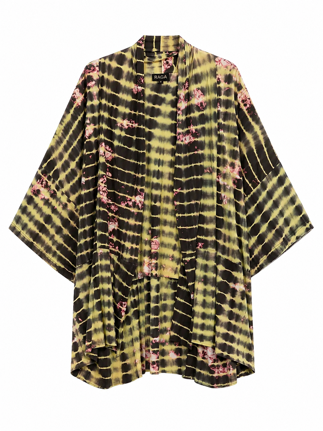 YAVÏ women's tie-dye shibori kimono lime green black — open front artisanal stripes 100% cotton
