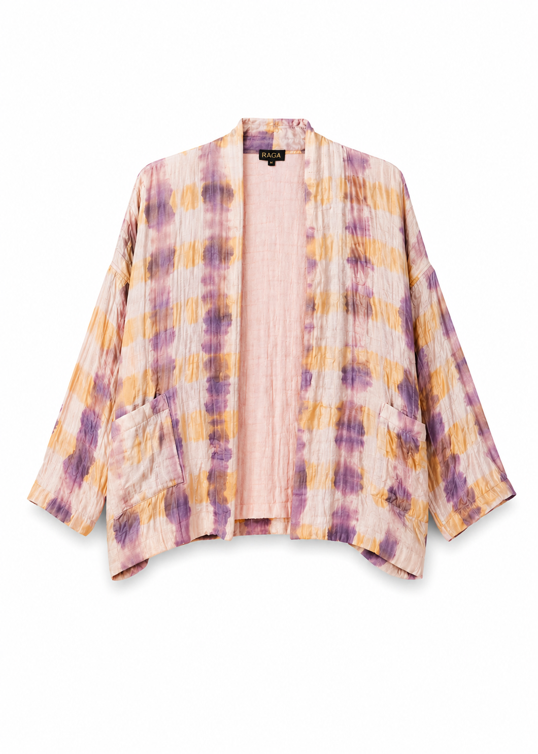 YAVÏ women's tie-dye shibori kimono pink lilac ochre — open front artisanal 100% silk cotton lining
