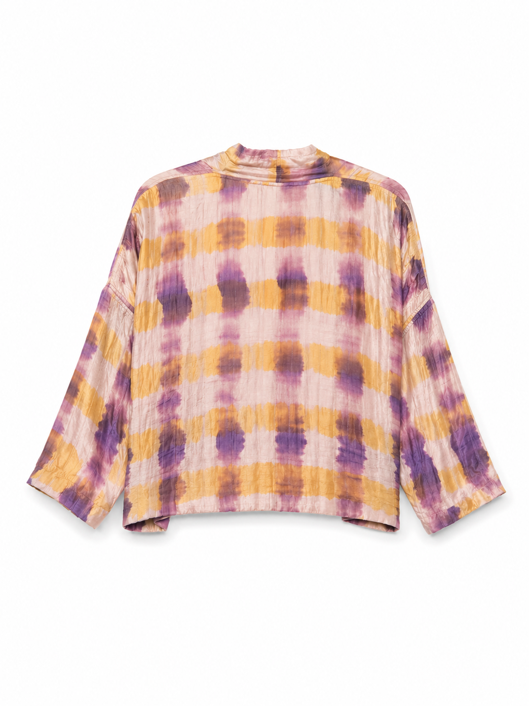 YAVÏ women's tie-dye shibori kimono pink lilac ochre — open front artisanal 100% silk cotton lining
