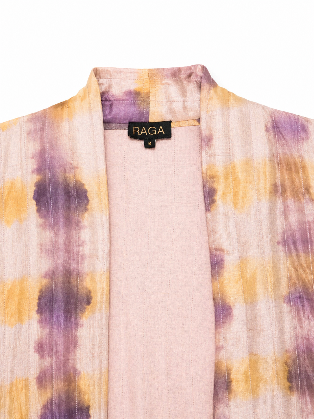 YAVÏ women's tie-dye shibori kimono pink lilac ochre — open front artisanal 100% silk cotton lining
