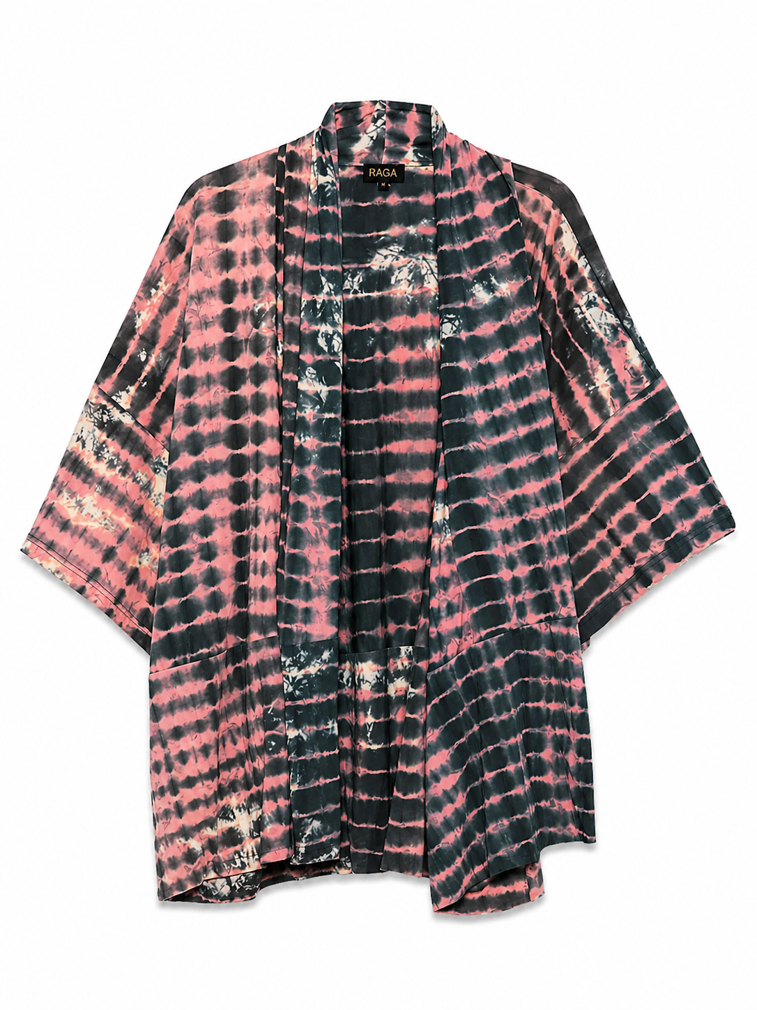 YAVÏ women's tie-dye shibori kimono slate blue pink — open front artisanal stripes 100% cotton
