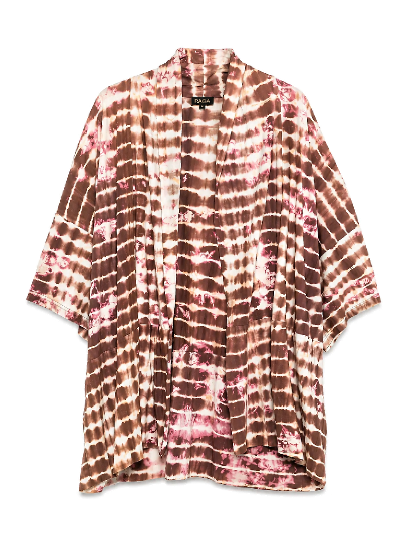YAVÏ tie-dye shibori kimono women brown nude — fluid silhouette on model 100% cotton