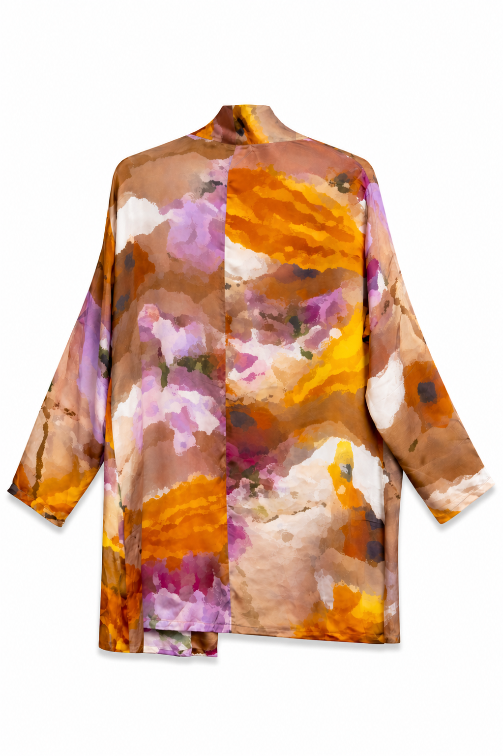 YAVÏ women's watercolor print kimono ochre lilac — back view fluid silhouette 100% cupro
