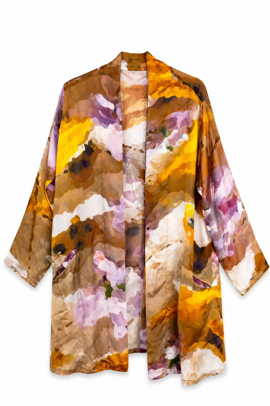YAVÏ women's watercolor print kimono ochre lilac — open front artisanal print 100% cupro