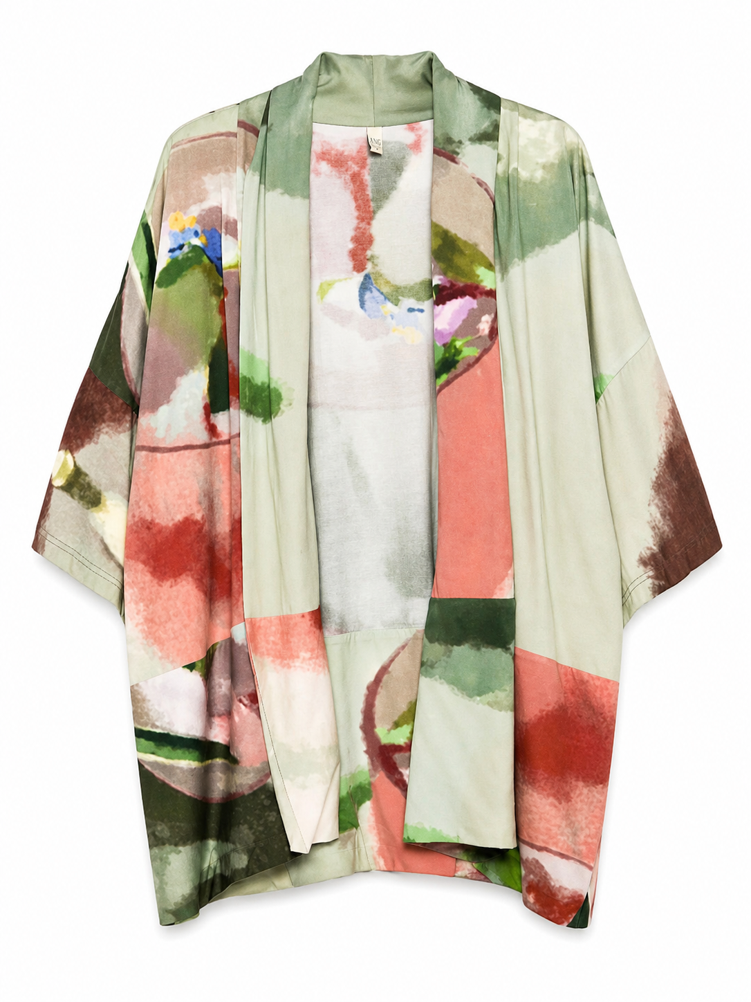 YAVÏ women's watercolor print short kimono sage green coral — open front 100% cotton
