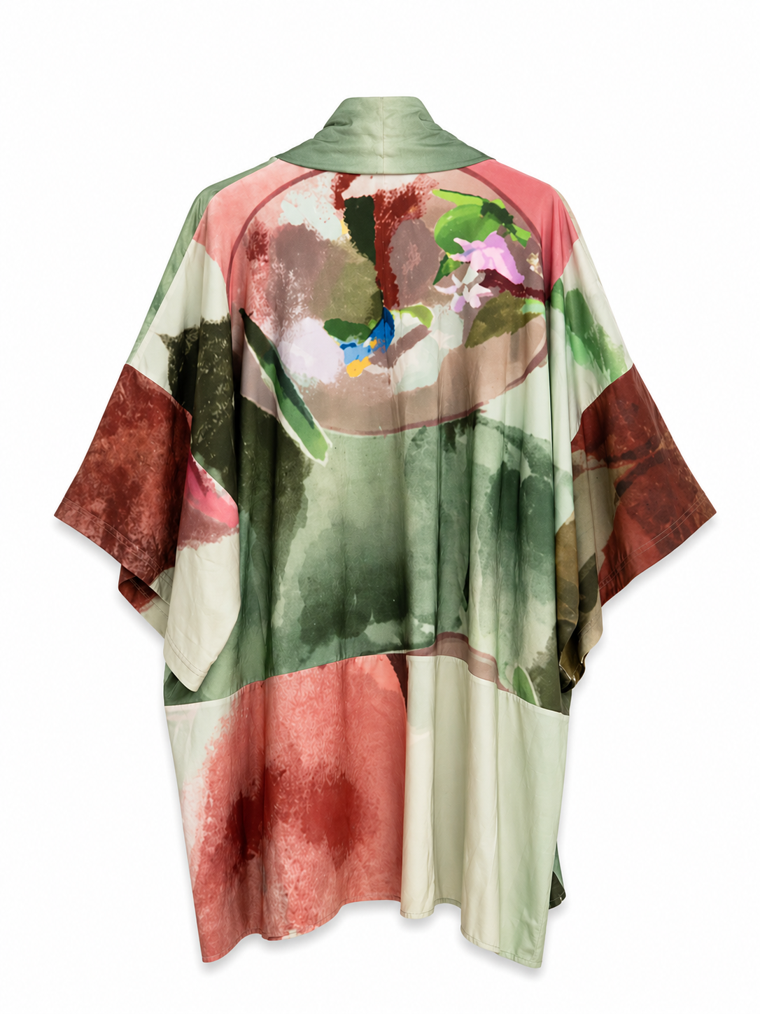 YAVÏ watercolor short kimono women sage coral — fluid silhouette on model 100% cotton
